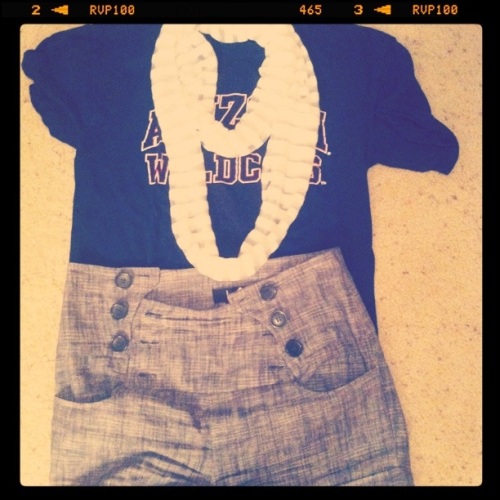 College T shirt, High Waisted Shorts, Scarf from Nordstroms